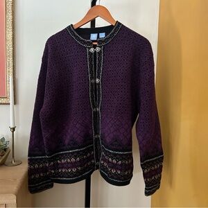 Frost 100% Wool Nordic Fair Isle Cardigan Sweater Purple Clasp Petite Large